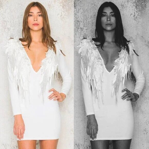 💥STUNNING!💥3D Embroidered Lace Appliqué "Angel Wings" Dress in White - Picture 4 of 16
